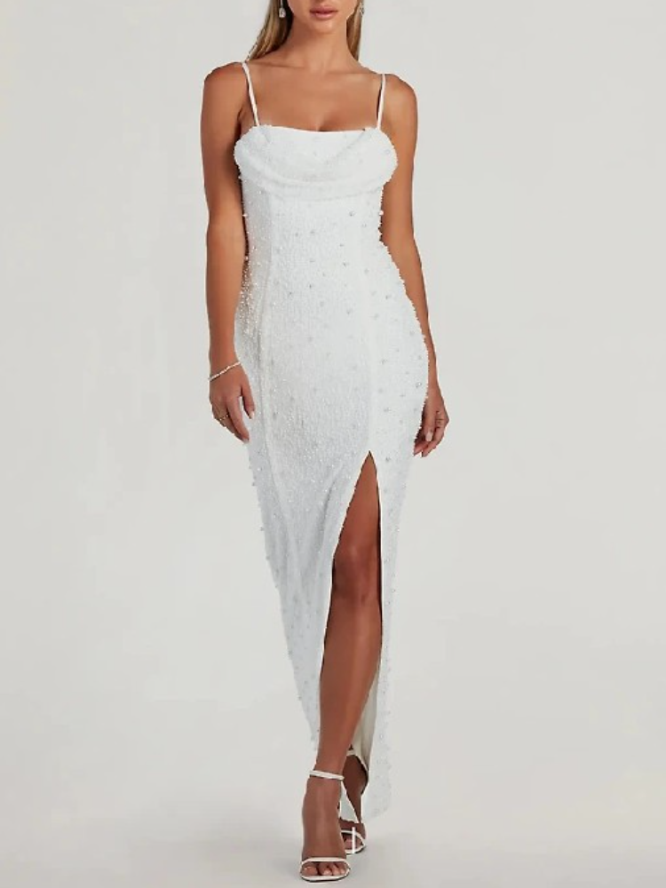 Klara Cowl Neck Faux Pearl Bead Column Dress
