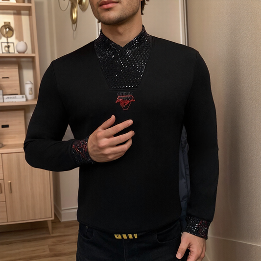 Rhinestone Collar Pure Cotton Fleece-lined Warm Top