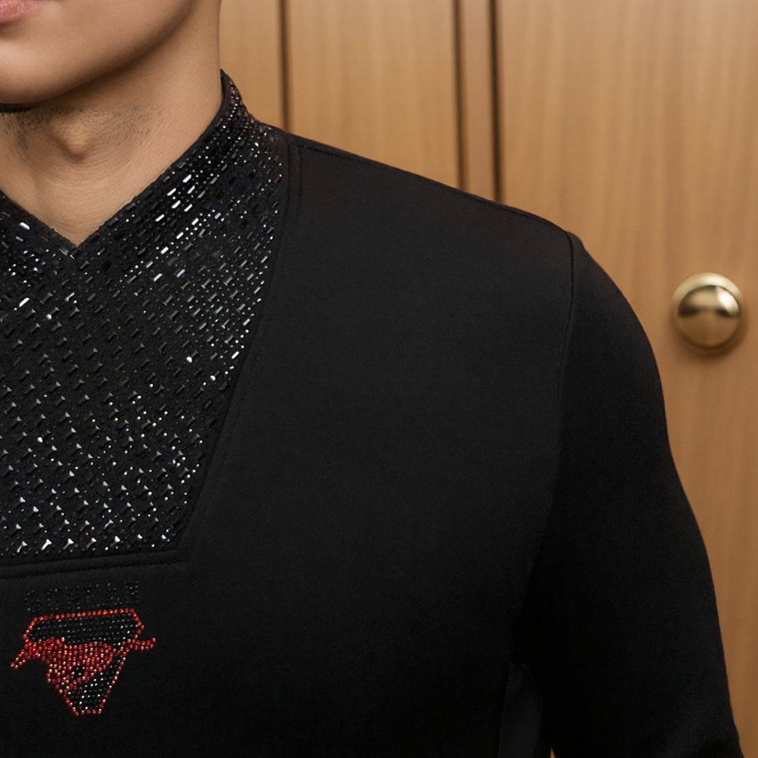 Rhinestone Collar Pure Cotton Fleece-lined Warm Top