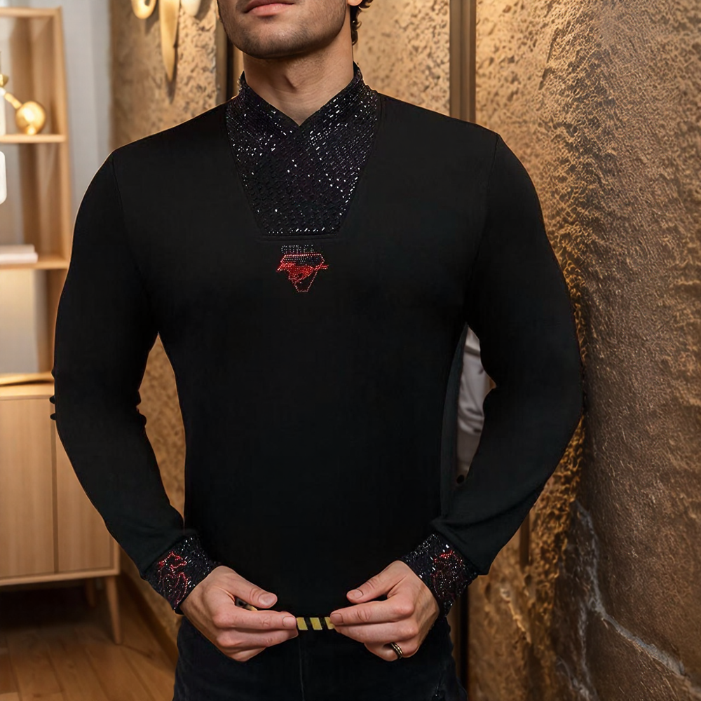 Rhinestone Collar Pure Cotton Fleece-lined Warm Top