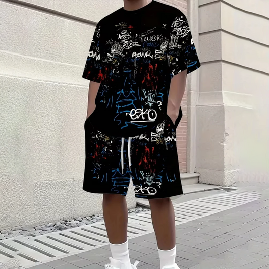 Men’s Creative Graffiti Print Short Sleeve T-Shirt & Shorts Set
