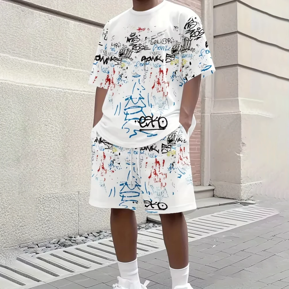 Men’s Creative Graffiti Print Short Sleeve T-Shirt & Shorts Set