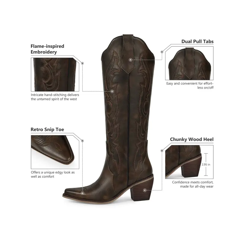 Knee High Cowboy Cowgirl Boots, Stylish Western Design with Chunky Heel