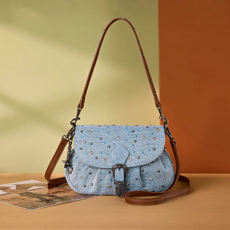 Rhinestone Denim Shoulder Bag for Women