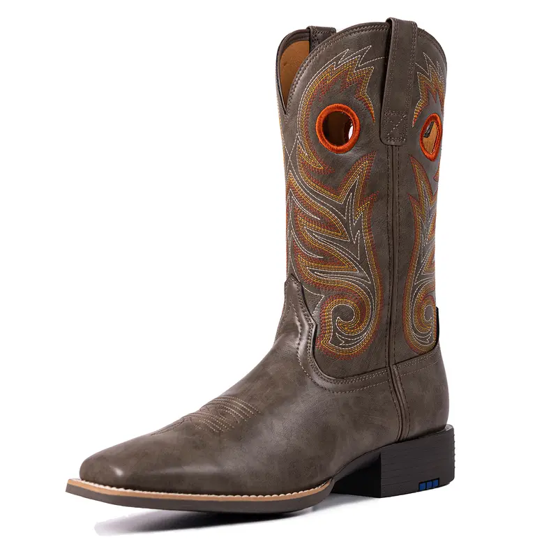 Western-Style Classic Embroidered Chunky Heel Flat-Toe Boots, Soft Leather