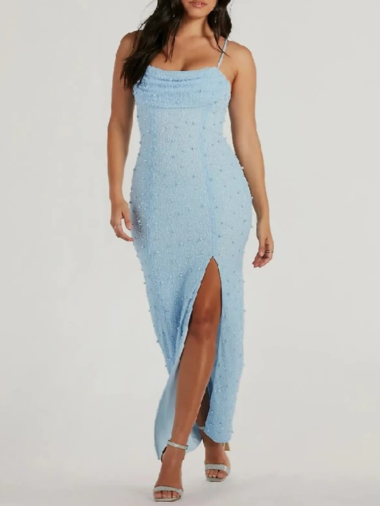 Klara Cowl Neck Faux Pearl Bead Column Dress
