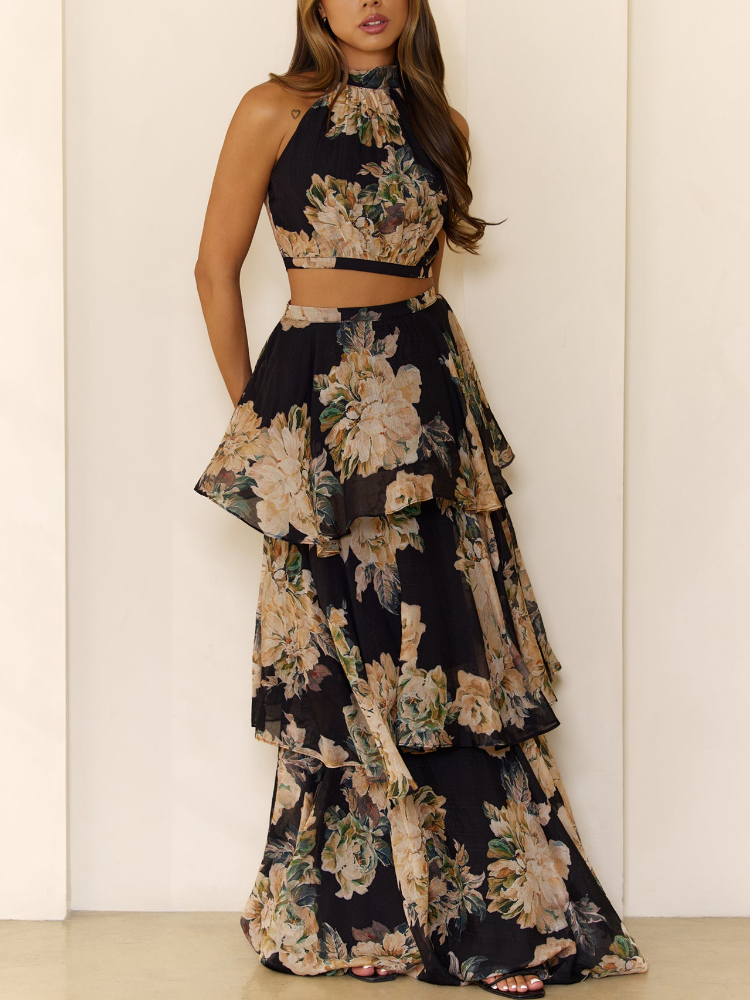 Bloom Soiree Halter Crop Tiered Maxi Set Black