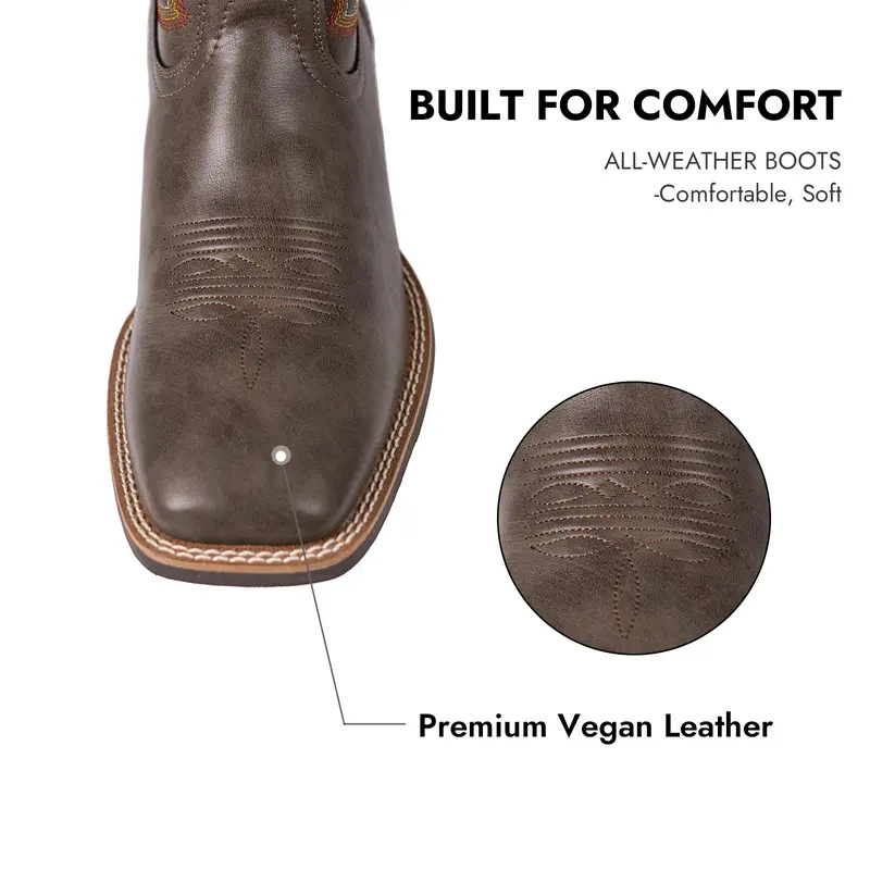 Western-Style Classic Embroidered Chunky Heel Flat-Toe Boots, Soft Leather
