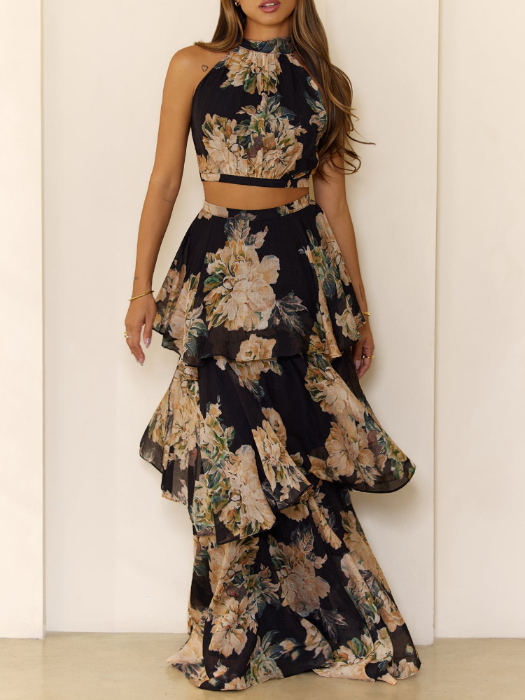 Bloom Soiree Halter Crop Tiered Maxi Set Black