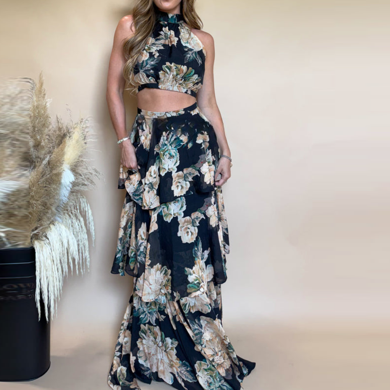 Bloom Soiree Halter Crop Tiered Maxi Set Black