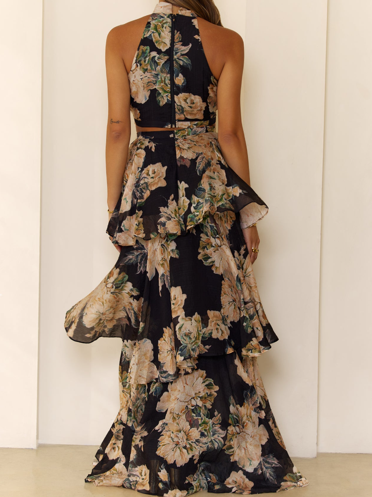 Bloom Soiree Halter Crop Tiered Maxi Set Black