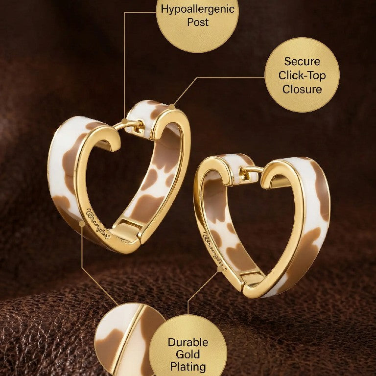 Western Cow Embossed Gold-Plated Heart Earrings