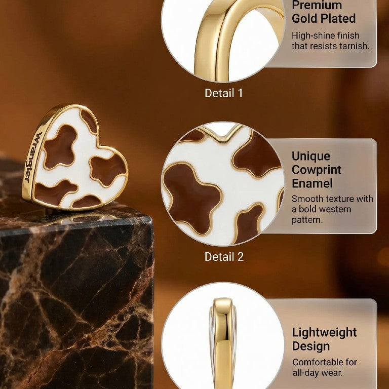Western Cow Embossed Gold-Plated Heart Earrings