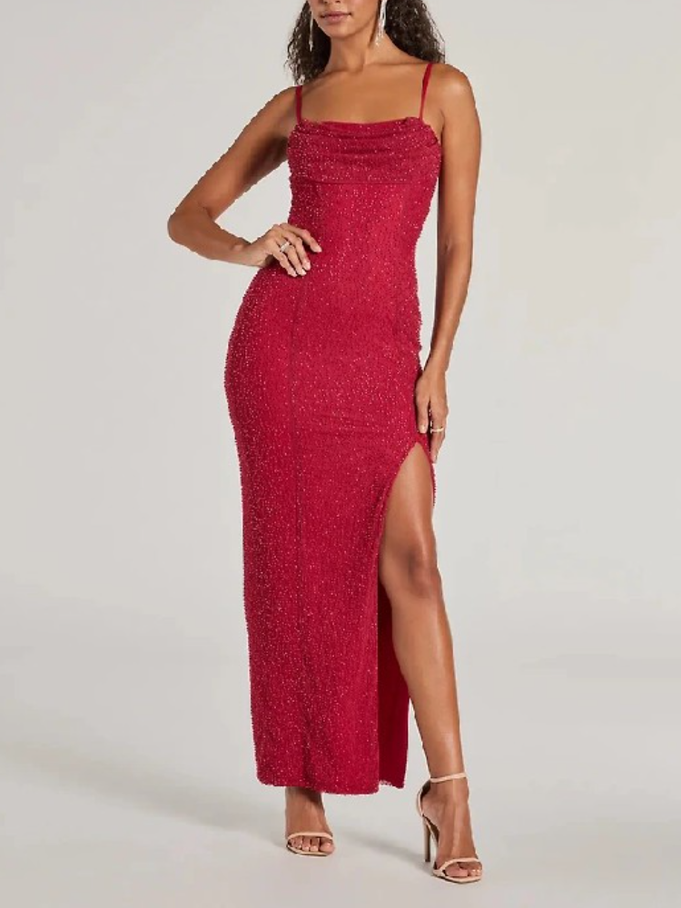 Klara Cowl Neck Faux Pearl Bead Column Dress